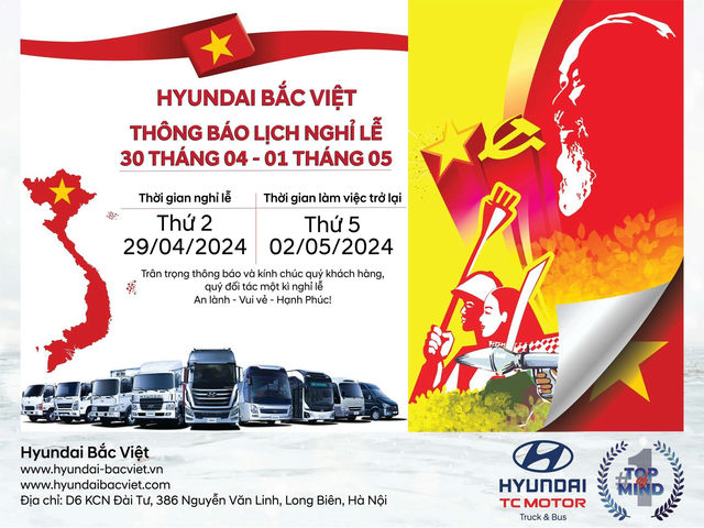 Thông báo lịch nghỉ lễ 30/4 & 1/5/2024 của Hyundai Bắc Việt